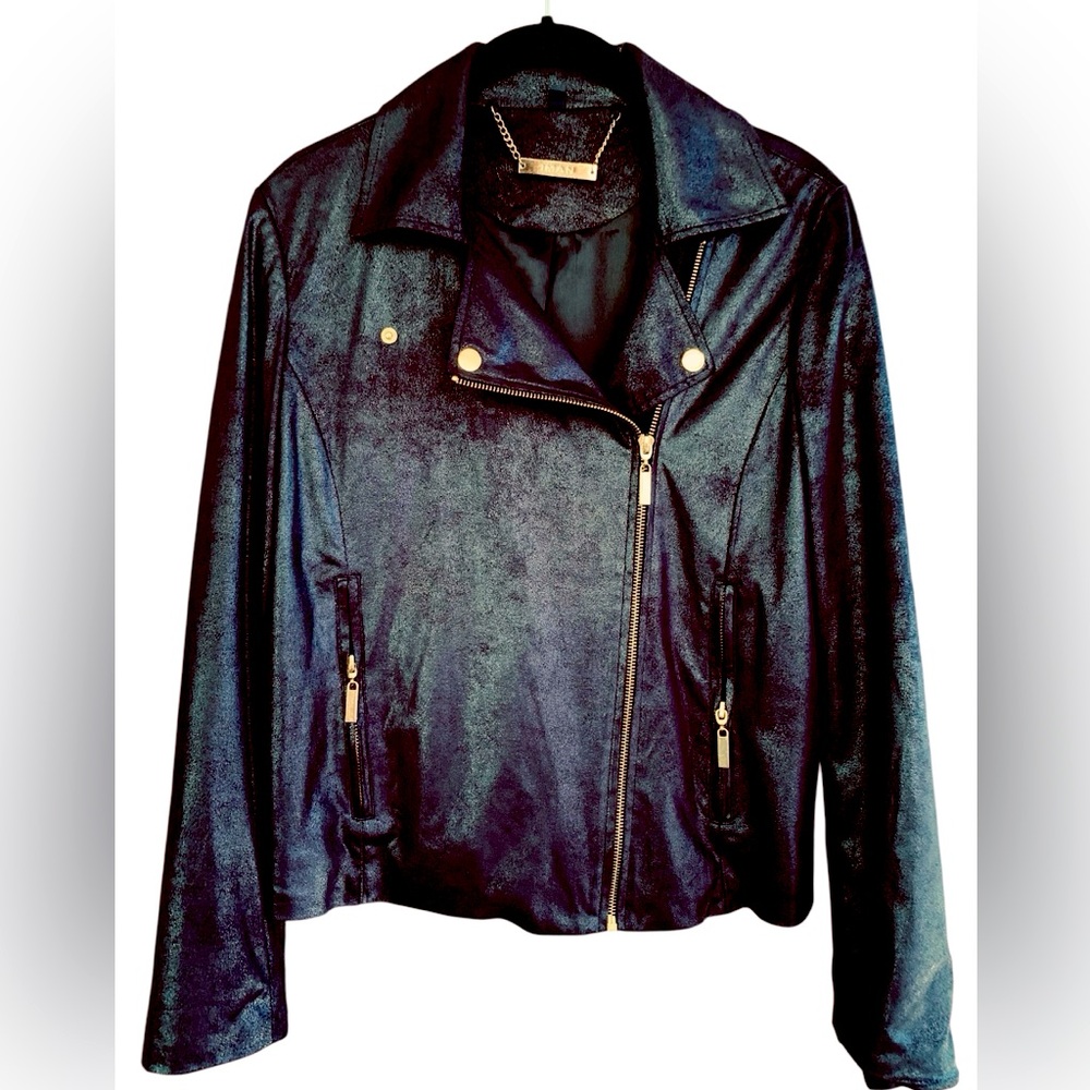 IMAN Black Faux Suede Leather Moto Jacket